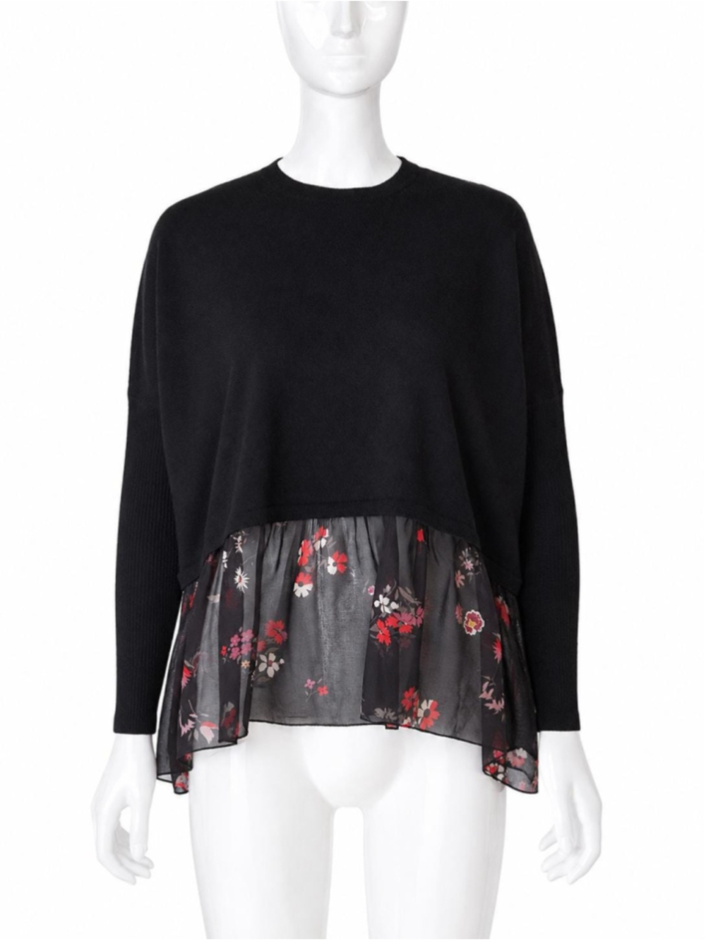 RED Valentino Black Virgin Wool Sweater XS Floral Chiffon Hem Oversized Made in